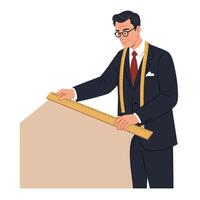 Professional tailor measuring fabric with ruler in minimal art style illustration vector