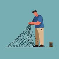 Fisherman preparing fishing net in flat design art vector