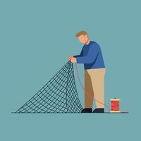 Fisherman preparing fishing net in flat art style for coastal scene vector