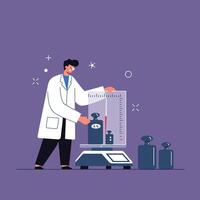 Scientist measuring weight using scale in flat art illustration vector