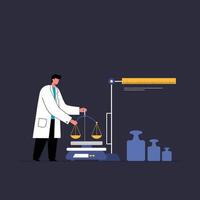Scientist in lab coat using scale with bottles in flat art vector