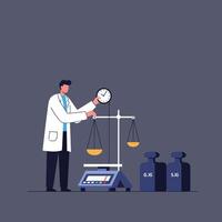 Scientist weighing substances using balance scale in flat illustration vector