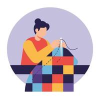 Sewing activity with colorful quilt design in flat art style vector