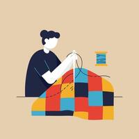 Seamstress at Work with Colorful Quilt in Flat Art Style vector