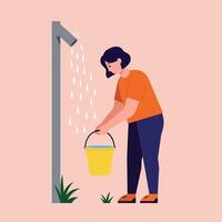 Person collecting water in a bucket under a faucet in flat art vector