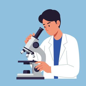 Scientist examining samples with microscope in flat art style vector