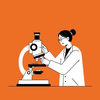 Scientist examining sample through microscope in minimal flat art vector