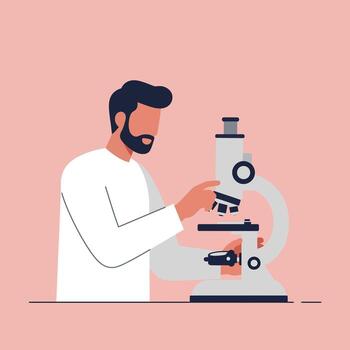 Scientist examining specimen with microscope in flat art style vector