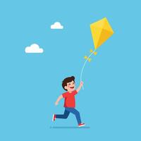 Child running with a yellow kite in a flat art style vector
