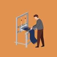 Crafting textiles with a loom in flat art style showcasing weaving process and details vector