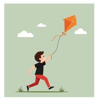 Boy flying a colorful kite in a minimal flat design illustration vector