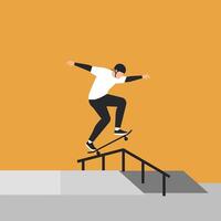 Skateboarder performing a trick on a rail in flat minimal art vector