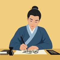 Skilled artist creating elegant calligraphy in minimal flat design art vector