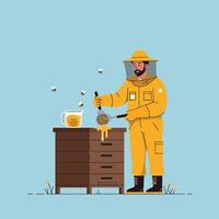 Beekeeper in yellow suit collecting honey with bees in flat art vector