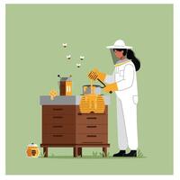 Beekeeper in protective gear extracting honey with tools in flat art vector