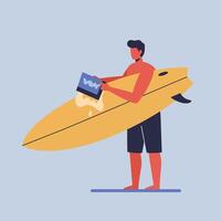 Surfer preparing for ride with surfboard in minimal flat art vector