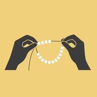 Hands threading beads onto a string in minimal flat art vector
