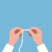 Hands expertly threading beads onto string in flat style art vector