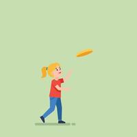 Girl playing frisbee with joyful expression in flat art vector