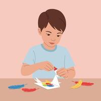 Child engaged in creative art project with glue and colorful materials in flat art vector