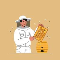 Beekeeper inspecting honeycomb in flat minimal art style vector