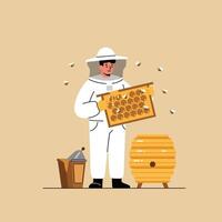 Beekeeper holding honeycomb frame in minimal flat design art vector