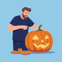 Man carving a pumpkin in a flat and colorful illustration vector