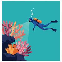 Diver exploring vibrant coral reef in flat art style with colorful marine life vector