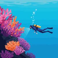 Diver exploring vibrant coral reef in flat illustration vector