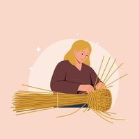 Artisan weaving straw into a basket using flat art style for illustration vector