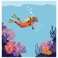 Scuba diver exploring vibrant coral reef in flat art style vector