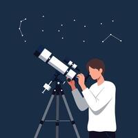 Astronomer using telescope under night sky with detailed flat art vector