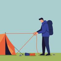 Backpacker setting up tent in nature with flat art style illustration vector