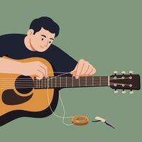 Man repairing guitar strings in a minimal flat style illustration vector