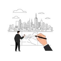 Architect designing city skyline in flat art style with detailed elements and clean lines illustration vector