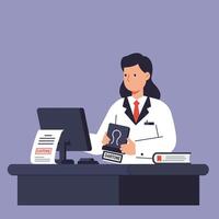 Doctor in white coat analyzing patient data on computer flat art vector