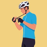 Cyclist preparing for ride with helmet and gloves in flat art vector