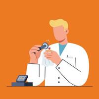 Scientist examining a gemstone using a magnifying glass in flat art vector
