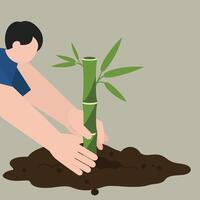 Person planting bamboo shoots in soil using flat design art vector