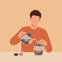 Man pouring tea from one pot to another in flat art vector