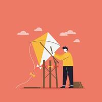 Person assembling a colorful kite with a minimal flat design art vector