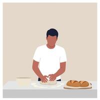 Dough preparation process with baker shaping bread in flat art vector