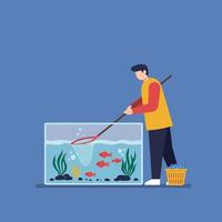 Man fishing in aquarium with net in flat style art vector