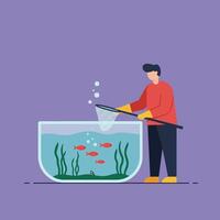 Man fishing in aquarium using net in flat illustration vector
