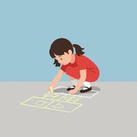 Child playing hopscotch on pavement in flat art style vector