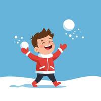 Happy child playing in snow with snowballs in flat art vector