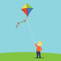 Child flying a colorful kite in minimal flat style illustration vector