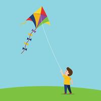 Child flying colorful kite in flat design style art vector