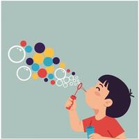 Child Blowing Bubbles in Flat Minimal Style Art vector