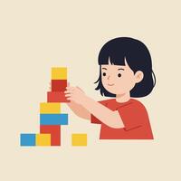 Child stacking colorful building blocks in flat design art vector